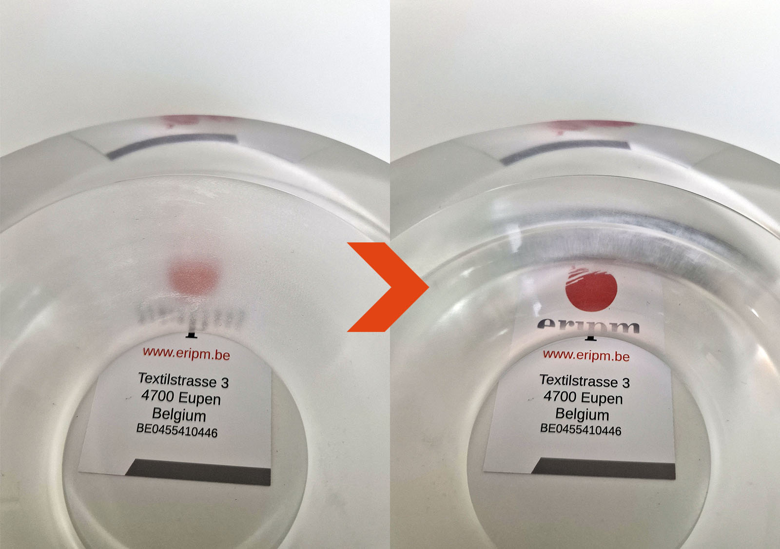 Polissage PMMA — avant / après : du dépoli au transparent miroir